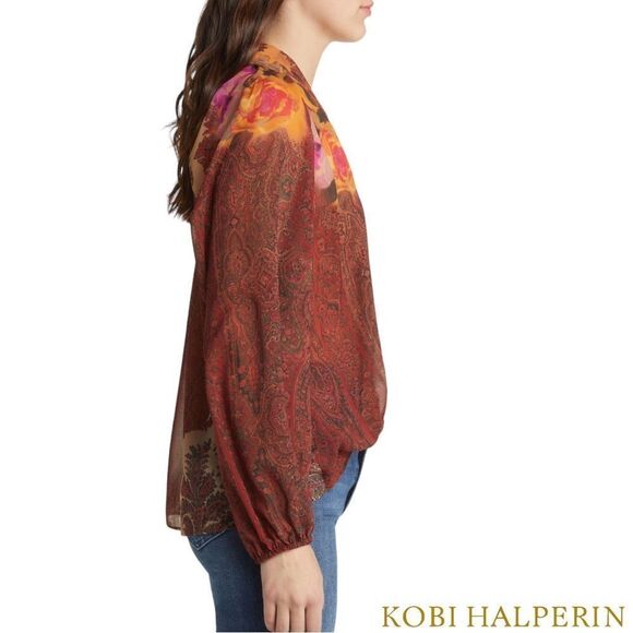 KOBI HALPERIN **NWT** Cleo Paisley-Print Blouson-Sleeve Blouse in Papaya Multi - Picture 7 of 15